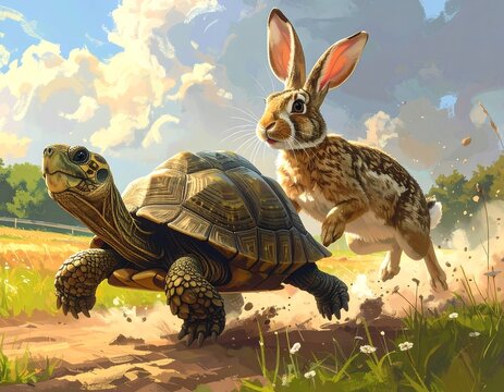 The Tortoise and the Hare A tortoise leads a hare in a race across a sunny rural landscape