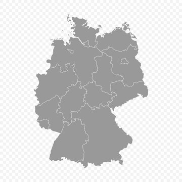 High quality detailed map of Germany with administrative boundaries of regions isolated on transparent background