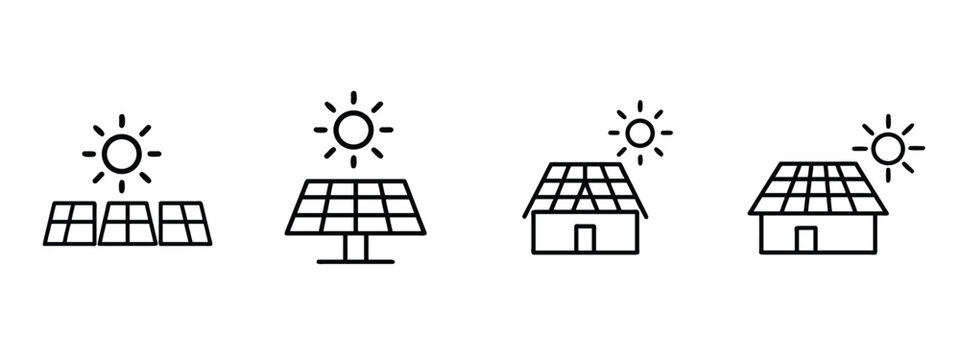 Solar panel and renewable energy monoline outline icon set featuring sun power and eco friendly house for sustainable electricity more vector illustration.