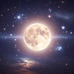 Obraz premium A breathtaking full moon illuminates the vast, dark night sky, surrounded by a shimmering array of distant stars and cosmic dust, creating a majestic and serene celestial panorama