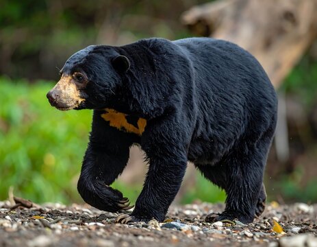 Sun bear, close-up shot, walks left in a forest clearing with a yellowish patch on chest