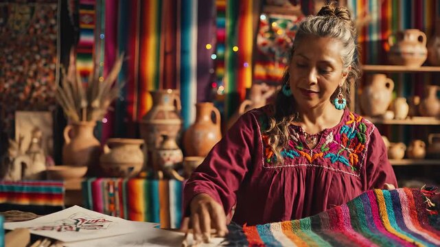 Smiling Latina artisan in colorful studio, surrounded by handwoven textiles and clay pottery, wearing embroidered blouse and turquoise earrings, arranging striped blanket on wooden table, warm