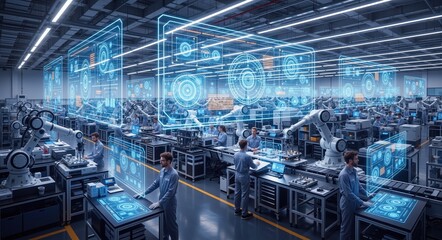 Fototapeta premium High-tech assembly line with robotic arms and engineers. Smart manufacturing plant with ai augmented reality data overlays