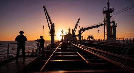 Naklejka premium Silhouetted soldiers patrolling ship deck at sunset. Maritime security guards with rifles on oil tanker. Anti-piracy concept