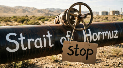 Naklejka premium Rusty oil pipeline with Strait of Hormuz text and a handwritten cardboard stop sign. Energy crisis and geopolitical protest and blockade concept in a desert landscape