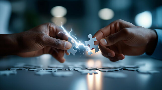 Beautifully lit macro of two anonymous hands on a bright white desk pressing together two white jigsaw puzzle pieces the left piece is being guided by the left hand and the right