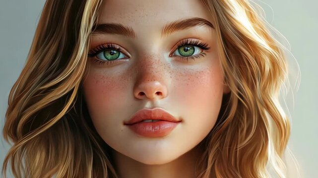 A woman with green eyes and a greenish-blonde hair. She has a pinkish-red blush on her cheeks