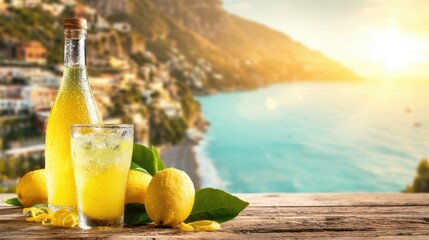Fototapeta premium Traditional italian limoncello bottle with glass and fresh lemons on wooden table over sea background