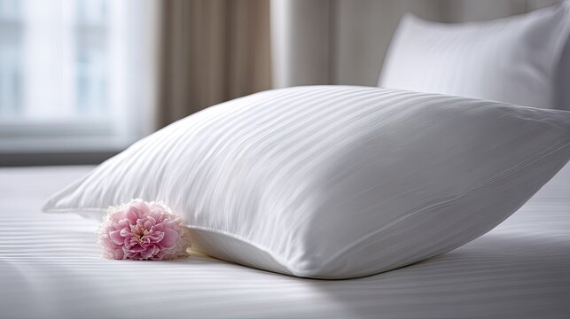 Fluffy white pillow rests upon crisp bedding next to a delicate pink blossom