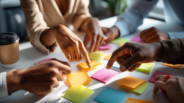 Lively overhead composition of four anonymous hands from two people arranged around a scattered collection of colourful sticky notes on a wide white surface two index fingers