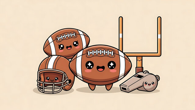 Cute cartoon footballs with smiling faces and rugby posts isolated on a transparent background