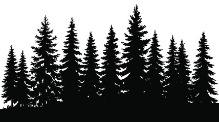 Fototapeta premium Fir Tree Silhouette Set Featuring Forest Landscape Elements Isolated on White Background for Nature Design, Evergreen Trees, Woodland Scene and Minimalist Vector Illustration