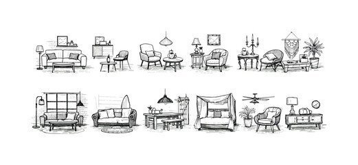 Naklejka premium Collection of hand-drawn interior design elements and furniture sketches