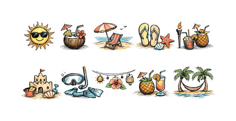 Fototapeta premium Collection of hand-drawn summer holiday icons for vacation and travel themes