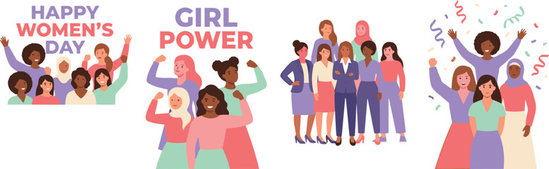 Fototapeta premium Celebrating the collective strength and empowerment of diverse women, showcasing unity and advocating for gender equality through vibrant illustrations