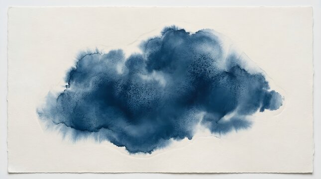 A delicate watercolor painting depicts a deep indigo blue cloud formation with soft, bleeding edges against a cream background.