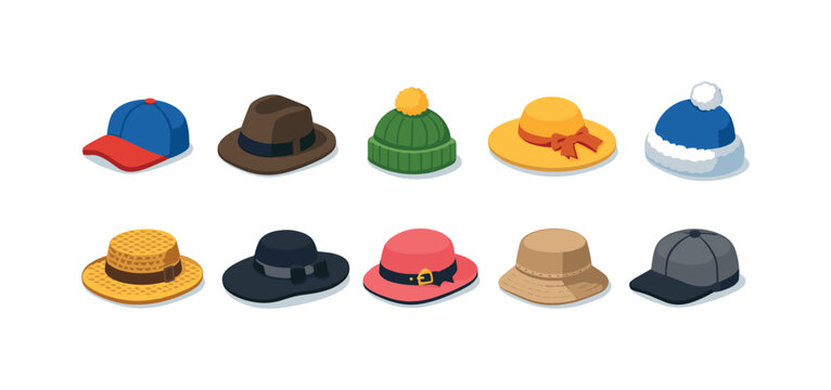 Collection of diverse hat styles in isometric view on a white background