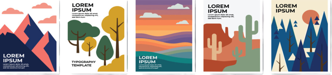 Fototapeta premium Vibrant Abstract Landscape Illustrations Featuring Mountains, Deserts, and Forests in a Stylized, Geometric Design