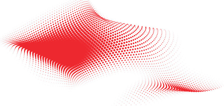 Abstract red halftone wave pattern background, digital dotted design element, futuristic flowing shape