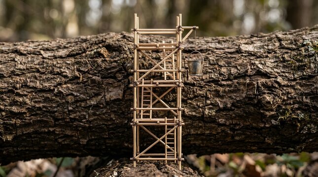 A whimsical miniature wooden scaffolding structure with a tiny bucket stands upright on a large, rough fallen tree log in a natural forest setting.