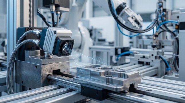 Industrial machine vision camera scanning product on assembly line