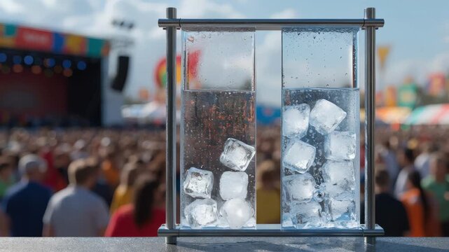 Medium shot of a parametric microinsurance board detailing payout mechanisms tied to temperature thresholds for outdoor festival planners featuring blurred stage and crowd in the