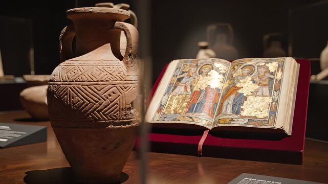 Ornate illuminated manuscript on display set in dim museum environment beside terracotta amphorae on velvet cradle, gold leaf saints and intricate miniatures, warm directional lighting reveals