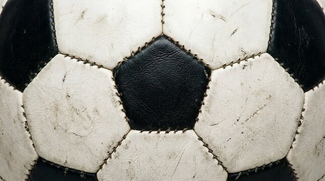 A detailed close-up shot of an old, worn black and white soccer ball reveals its hexagonal and pentagonal panels with visible stitching and texture.