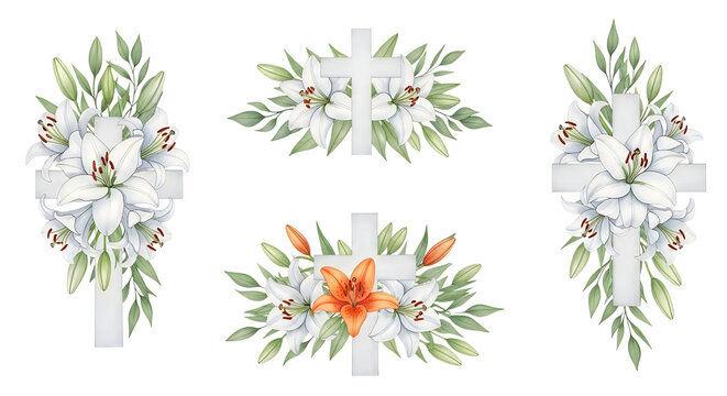 Easter cross floral arrangements watercolor illustration transparent as PNG asset