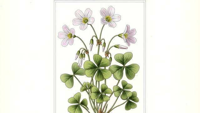 Illustration of a blooming clump of wood sorrel plants featuring delicate pink flowers and heart-shaped leaves on a white background, botanical study