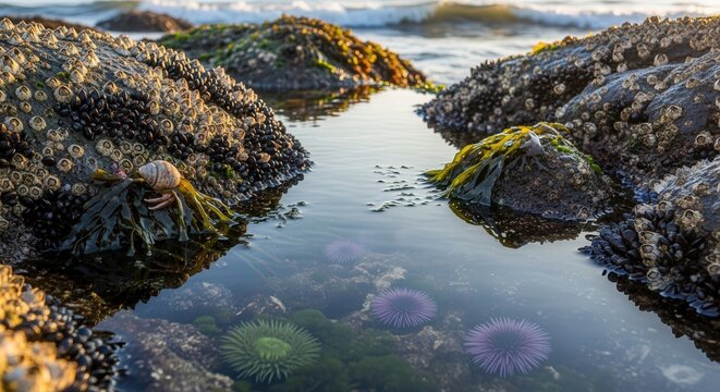 Tranquil Coastal Tide Pool Scene Featuring Colorful Sea Anemones and Mossy Rocks