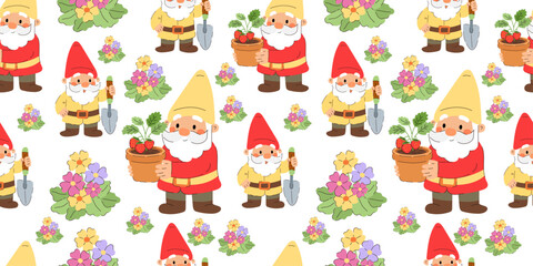 Fototapeta premium Seamless pattern with cute garden gnomes, flowers and potted strawberry plants. Friendly cartoon gnome characters with gardening tools, blooming floral bouquets and berry pots arranged 