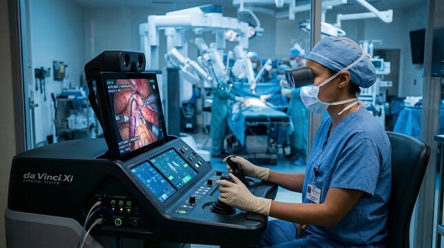A female surgeon wearing scrubs and a mask precisely operates a Da Vinci Xi robotic surgical system, viewing the internal visuals on its integrated screen, with a surgical team in the background.