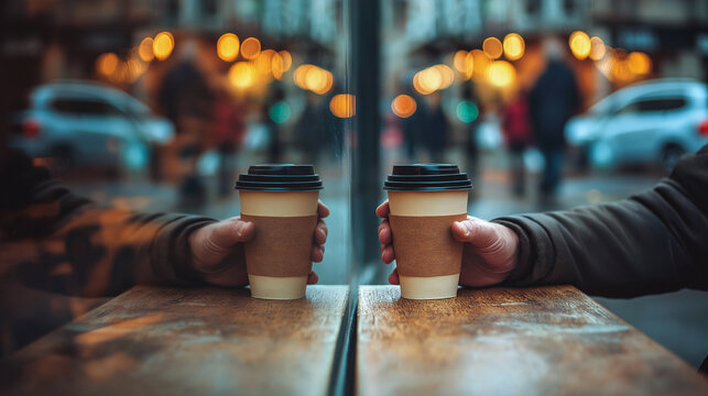 Two hands holding takeaway coffee cups by window with city lights reflection cozy urban lifestyle concept connection