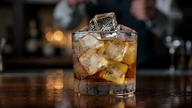 Closeup on the mixing glass with ice and spirits frosted and condensation detailed as the bartender pours in the background out of focus.