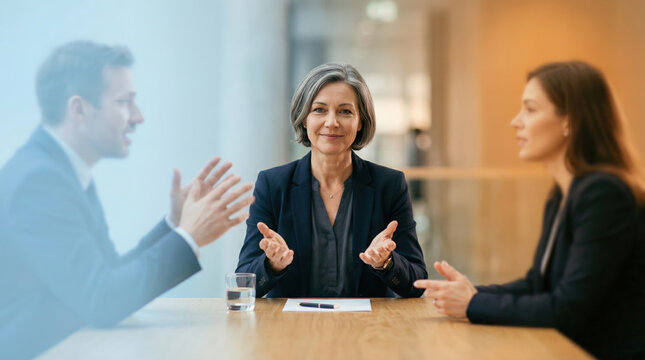 Calm Mediator Seated Between Two Blurred Delegates Gesturing