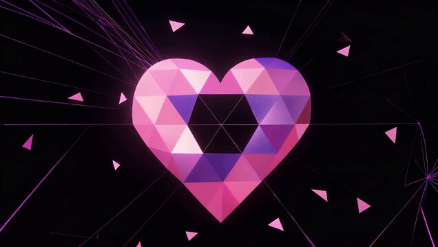 Vibrant 4K abstract heart design composed of colorful geometric triangles pink and purple hues creating dynamic and creative visual impact perfect for modern themes of love and romance