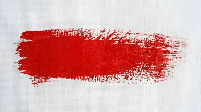 A bold and vibrant red paint stroke dramatically stretches across a pristine white background with visible brush texture.