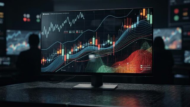Medium shot of a monitor displaying fluctuating currency pair graphs with vibrant heatmaps highlighting dynamic changes in foreign exchange reserves in a dimly lit control room.