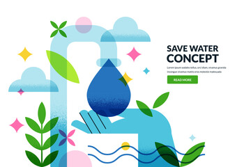 Hand holding water drop under tap. Vector environmental illustration. Clean water conservation, resource saving concept
