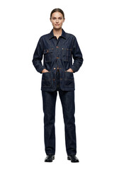 Fototapeta premium Woman in dark blue denim utility jacket and jeans isolated. Workwear fashion outfit.