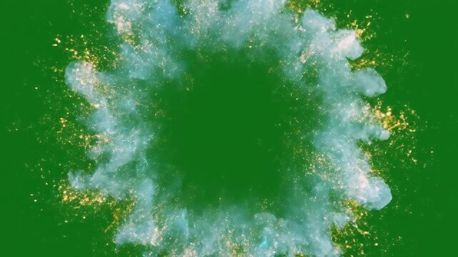Abstract swirling mist with golden glitter particles forming a circular vortex against a vibrant green screen background for motion graphics and visual effects