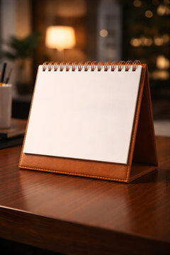Blank leather desk calendar standing on a wooden table