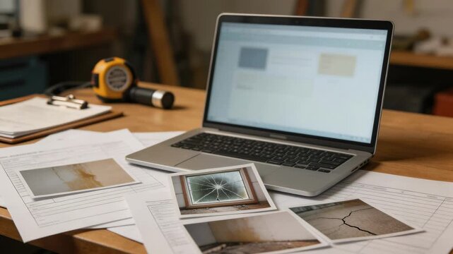 Medium shot of a claims documentation desk featuring property damage photos claim forms scattered and an open laptop displaying assessment details with blurred background tools.
