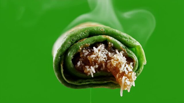 Close up extreme detail of Indonesian Dadar Gulung pastry with shredded coconut filling on vibrant green background steam rising cinematic food commercial advertisement