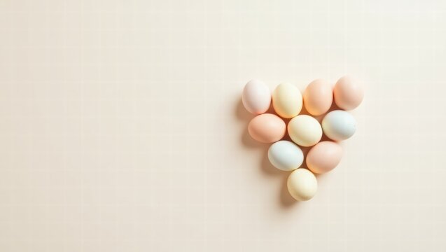 Colorful Easter eggs arranged in triangle shape on pastel background  