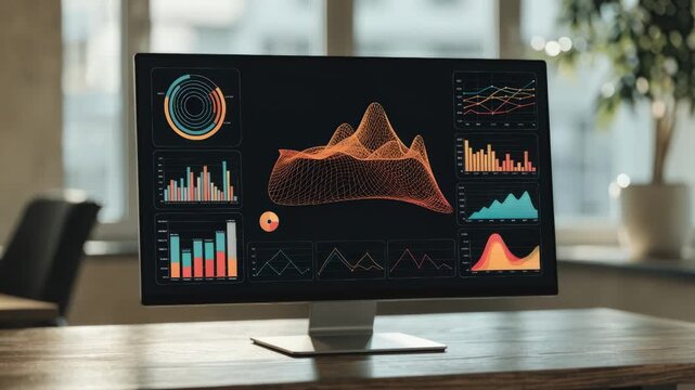Medium shot of a sleek AIdriven credit risk dashboard displaying consumer risk scores with predictive default charts main screen sharply in focus blurred office background.