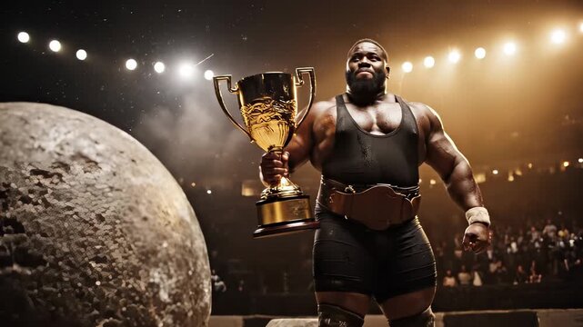 Black strongman lifts golden trophy arena, muscular champion stands beside atlas stone under spotlight, roaring crowd and dramatic lighting create epic celebration, sweaty skin, victory belt,