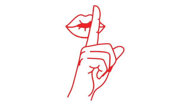 A red line drawing depicts a hand making a shush gesture with lips