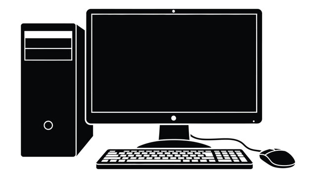 A black and white illustration of a desktop computer setup with monitor tower keyboard and mouse